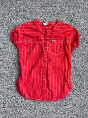 Columbia Red Orange Cuffed Sleeve Striped Button Front  Shirt